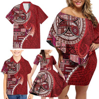 Samoan Siapo Art Tattoo Polynesian Pattern Family Matching Off Shoulder Short Dress and Hawaiian Shirt Red Color LT03 - Polynesian Pride