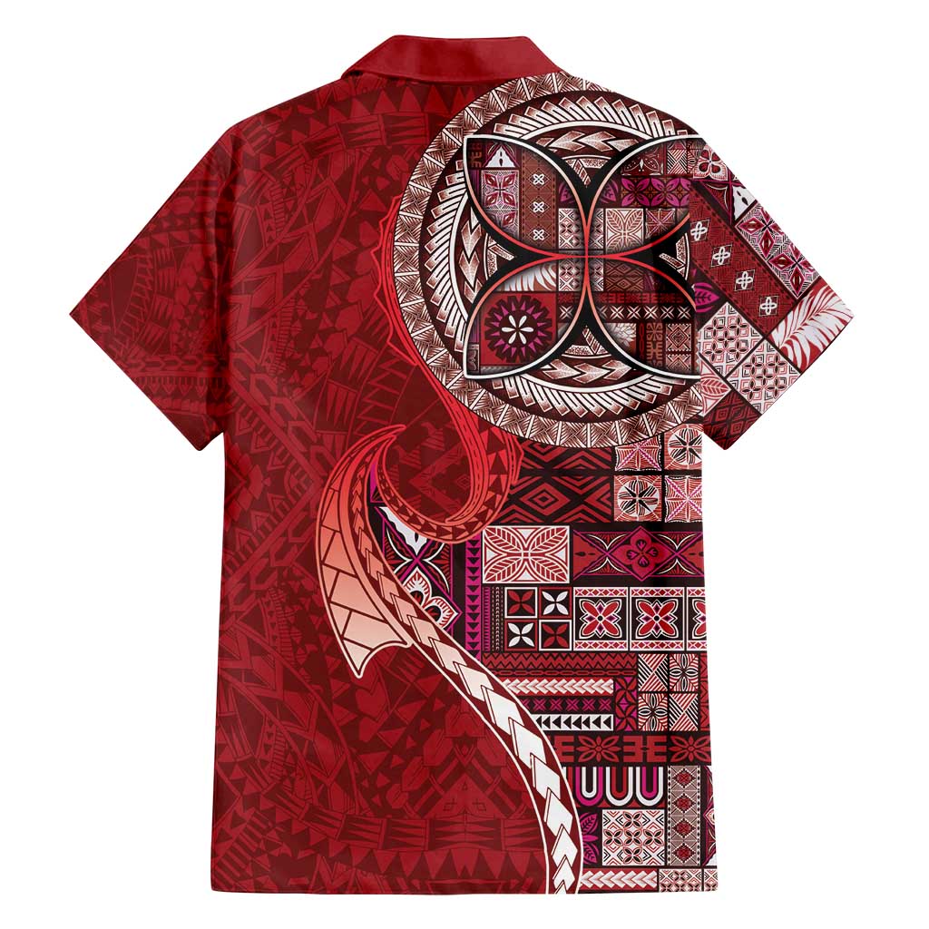 Samoan Siapo Art Tattoo Polynesian Pattern Family Matching Off Shoulder Short Dress and Hawaiian Shirt Red Color LT03 - Polynesian Pride