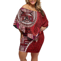 Samoan Siapo Art Tattoo Polynesian Pattern Family Matching Off Shoulder Short Dress and Hawaiian Shirt Red Color LT03 Mom's Dress Red - Polynesian Pride