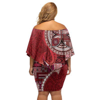 Samoan Siapo Art Tattoo Polynesian Pattern Family Matching Off Shoulder Short Dress and Hawaiian Shirt Red Color LT03 - Polynesian Pride