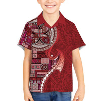 Samoan Siapo Art Tattoo Polynesian Pattern Family Matching Off Shoulder Short Dress and Hawaiian Shirt Red Color LT03 Son's Shirt Red - Polynesian Pride