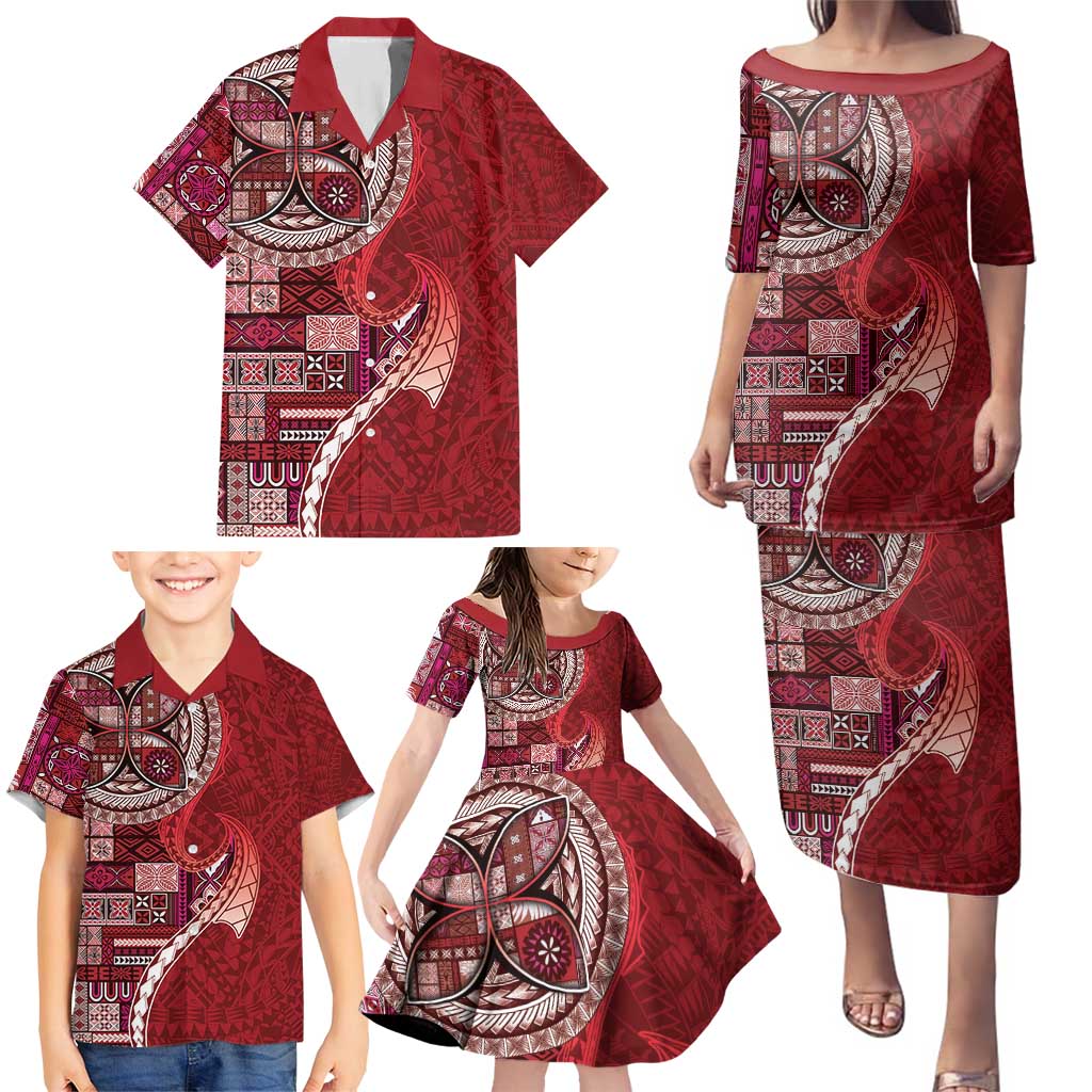 Samoan Siapo Art Tattoo Polynesian Pattern Family Matching Puletasi and Hawaiian Shirt Red Color LT03 - Polynesian Pride