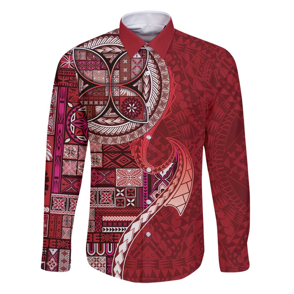 Samoan Siapo Art Tattoo Polynesian Pattern Family Matching Puletasi and Hawaiian Shirt Red Color LT03 Dad's Shirt - Long Sleeve Red - Polynesian Pride