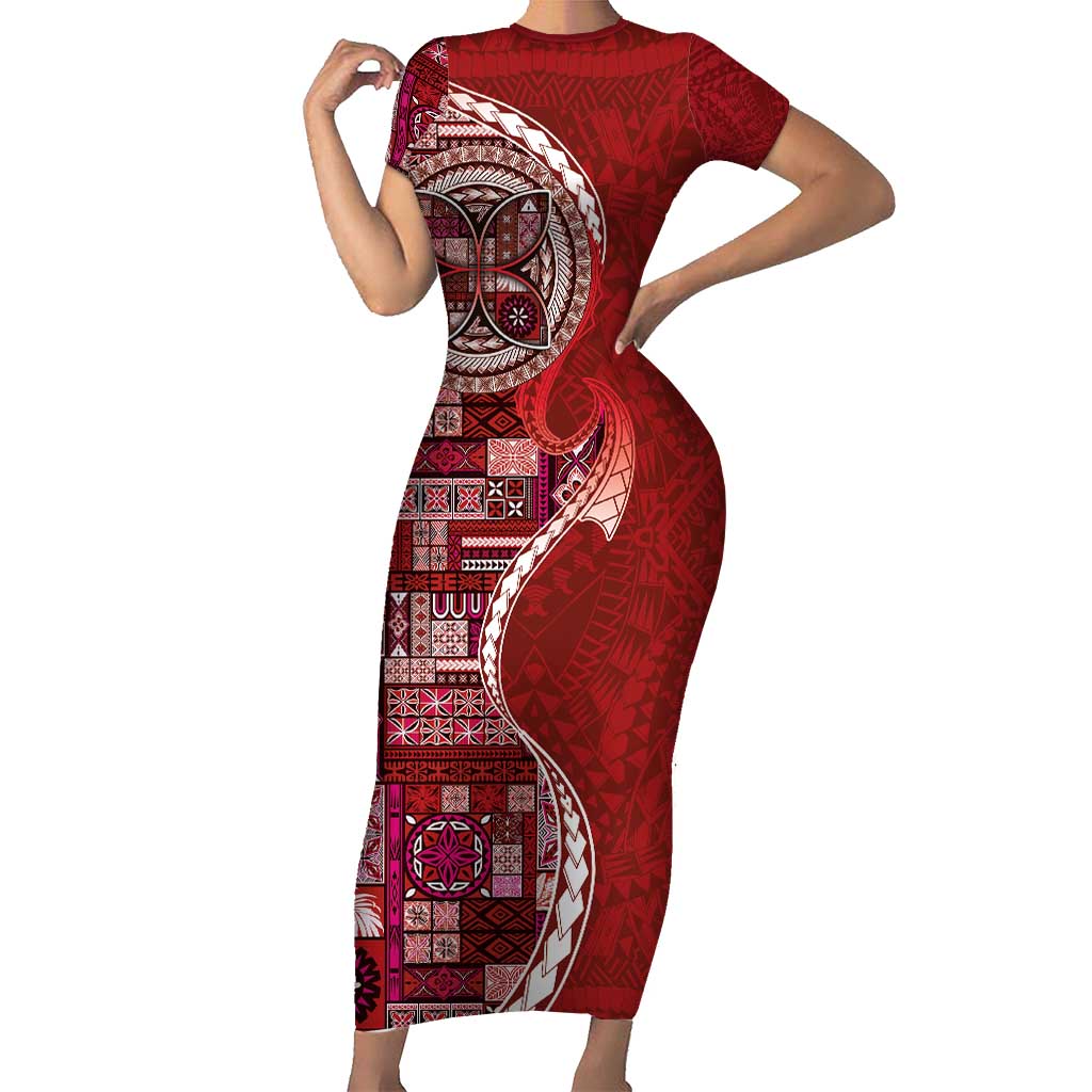 Samoan Siapo Art Tattoo Polynesian Pattern Family Matching Short Sleeve Bodycon Dress and Hawaiian Shirt Red Color LT03 Mom's Dress Red - Polynesian Pride