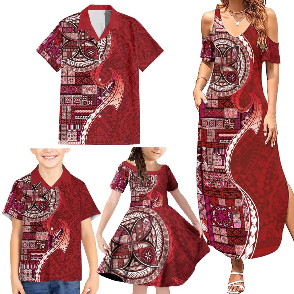 Samoan Siapo Art Tattoo Polynesian Pattern Family Matching Summer Maxi Dress and Hawaiian Shirt Red Color LT03 - Polynesian Pride