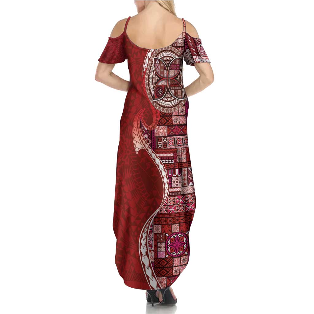 Samoan Siapo Art Tattoo Polynesian Pattern Family Matching Summer Maxi Dress and Hawaiian Shirt Red Color LT03 - Polynesian Pride