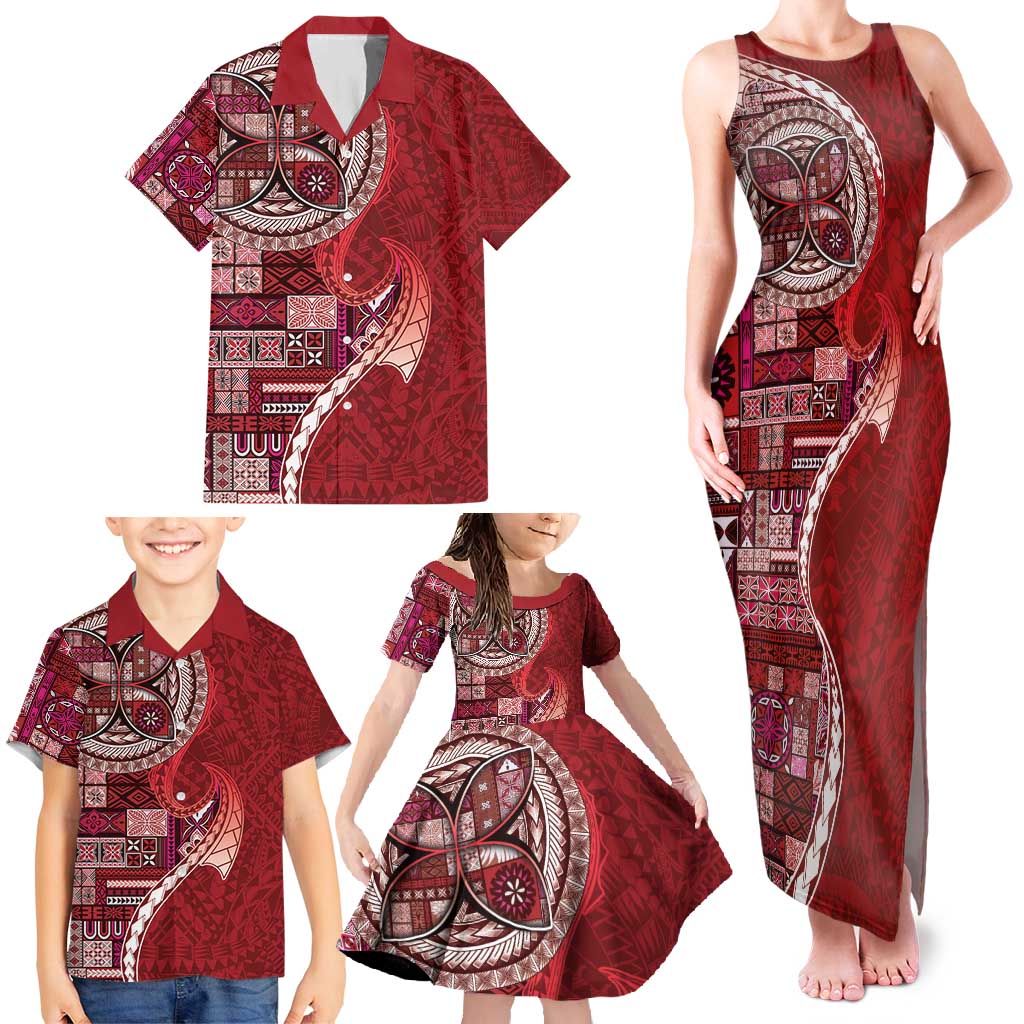 Samoan Siapo Art Tattoo Polynesian Pattern Family Matching Tank Maxi Dress and Hawaiian Shirt Red Color LT03 - Polynesian Pride