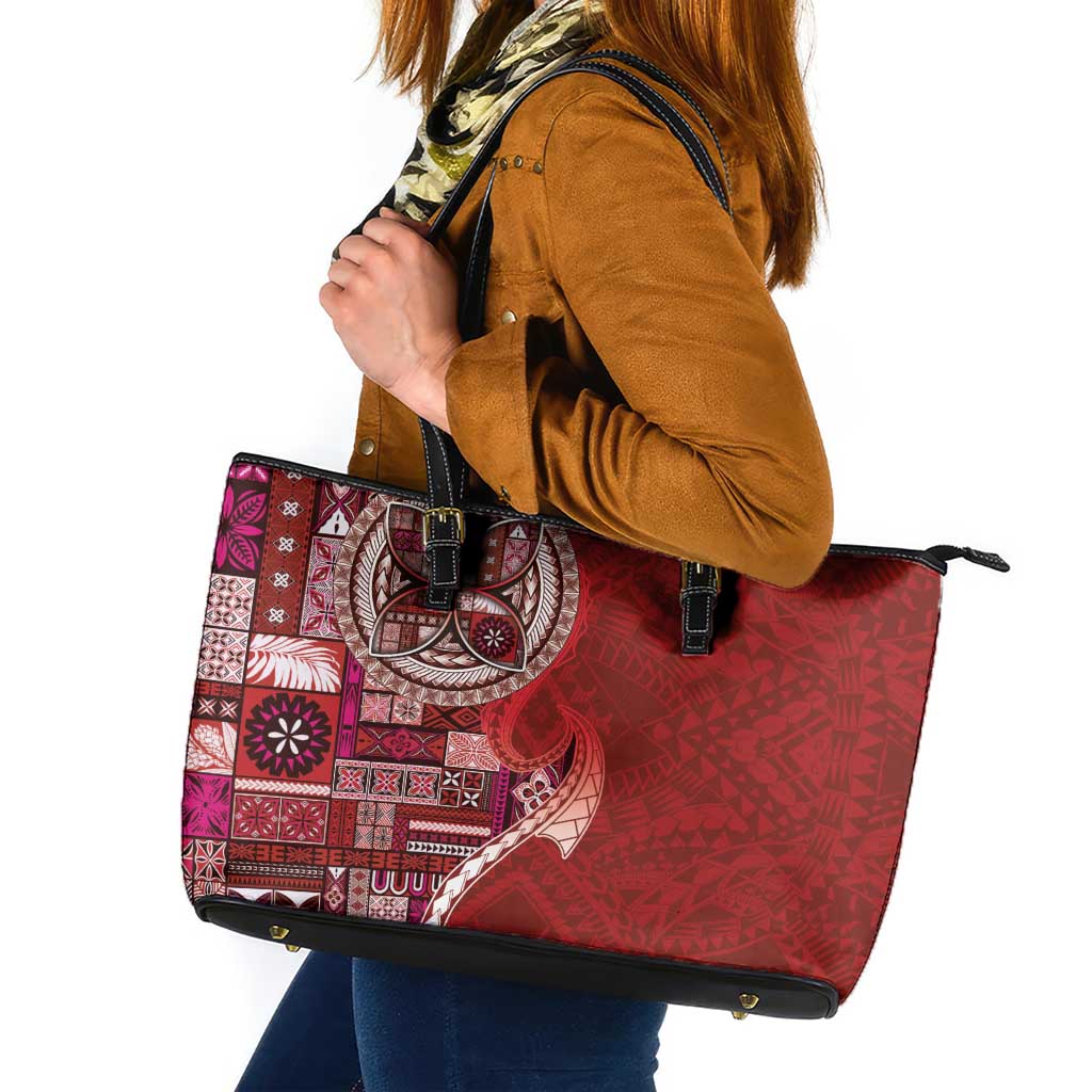 Samoan Siapo Art Tattoo Polynesian Pattern Leather Tote Bag Red Color LT03 Red - Polynesian Pride