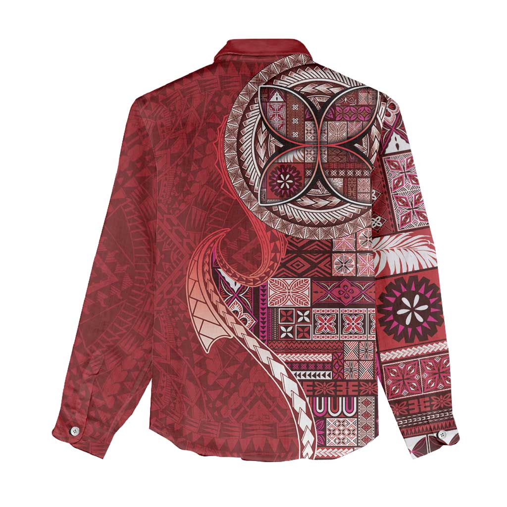 Samoan Siapo Art Tattoo Polynesian Pattern Women Casual Shirt Red Color - Polynesian Pride