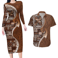 Samoan Siapo Art Tattoo Polynesian Pattern Couples Matching Long Sleeve Bodycon Dress and Hawaiian Shirt Brown Color LT03 Brown - Polynesian Pride
