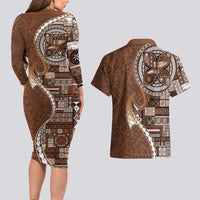 Samoan Siapo Art Tattoo Polynesian Pattern Couples Matching Long Sleeve Bodycon Dress and Hawaiian Shirt Brown Color LT03 - Polynesian Pride