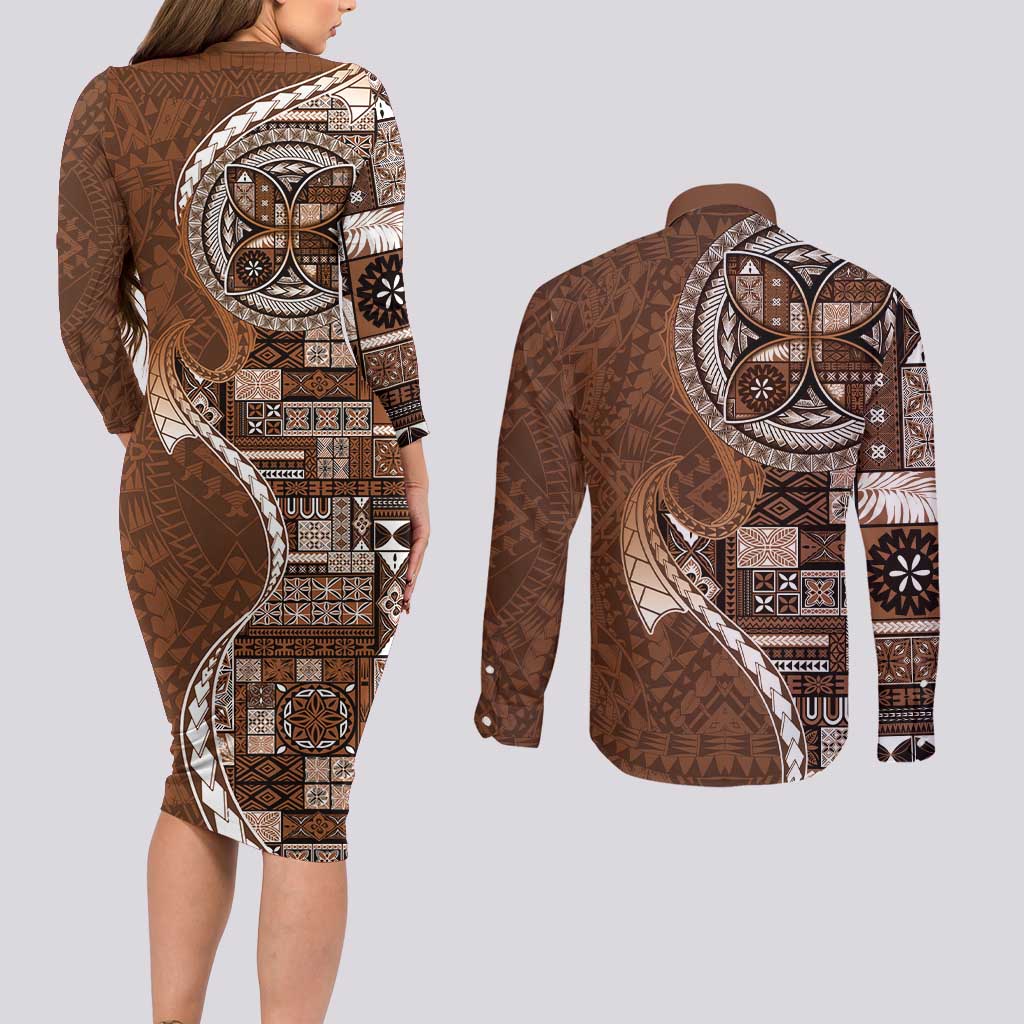 Samoan Siapo Art Tattoo Polynesian Pattern Couples Matching Long Sleeve Bodycon Dress and Long Sleeve Button Shirt Brown Color LT03 - Polynesian Pride