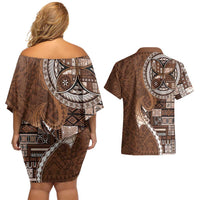 Samoan Siapo Art Tattoo Polynesian Pattern Couples Matching Off Shoulder Short Dress and Hawaiian Shirt Brown Color LT03 - Polynesian Pride