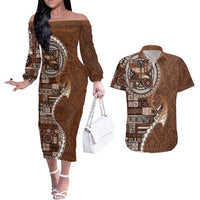 Samoan Siapo Art Tattoo Polynesian Pattern Couples Matching Off The Shoulder Long Sleeve Dress and Hawaiian Shirt Brown Color LT03 Brown - Polynesian Pride