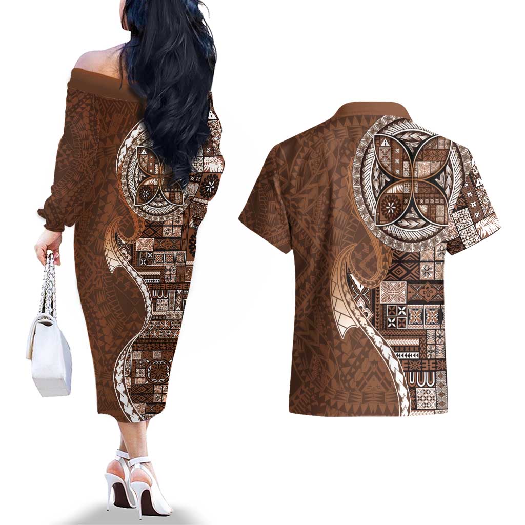 Samoan Siapo Art Tattoo Polynesian Pattern Couples Matching Off The Shoulder Long Sleeve Dress and Hawaiian Shirt Brown Color LT03 - Polynesian Pride