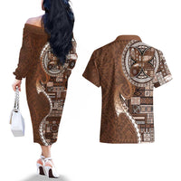 Samoan Siapo Art Tattoo Polynesian Pattern Couples Matching Off The Shoulder Long Sleeve Dress and Hawaiian Shirt Brown Color LT03 - Polynesian Pride