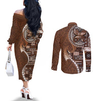 Samoan Siapo Art Tattoo Polynesian Pattern Couples Matching Off The Shoulder Long Sleeve Dress and Long Sleeve Button Shirt Brown Color LT03 - Polynesian Pride