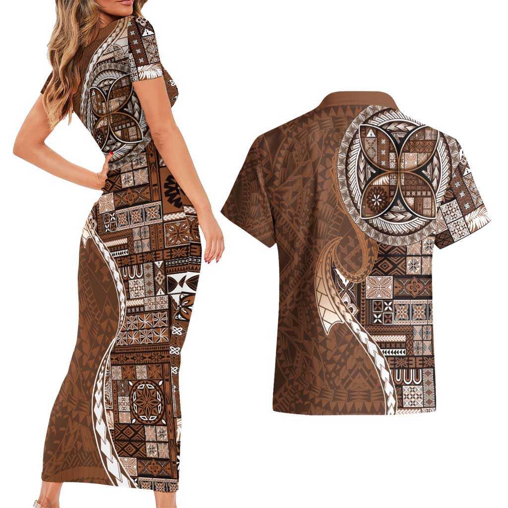 Samoan Siapo Art Tattoo Polynesian Pattern Couples Matching Short Sleeve Bodycon Dress and Hawaiian Shirt Brown Color LT03 - Polynesian Pride