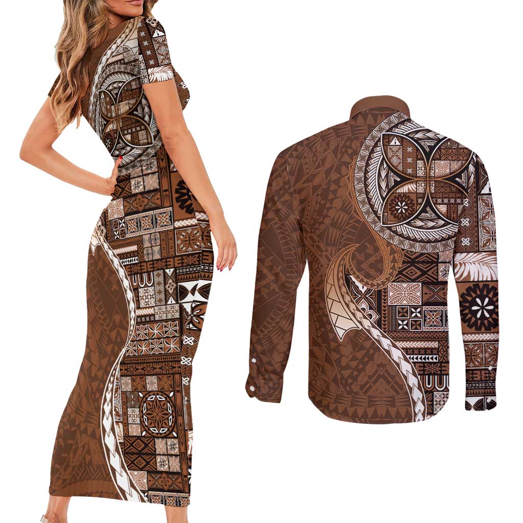 Samoan Siapo Art Tattoo Polynesian Pattern Couples Matching Short Sleeve Bodycon Dress and Long Sleeve Button Shirt Brown Color LT03 - Polynesian Pride