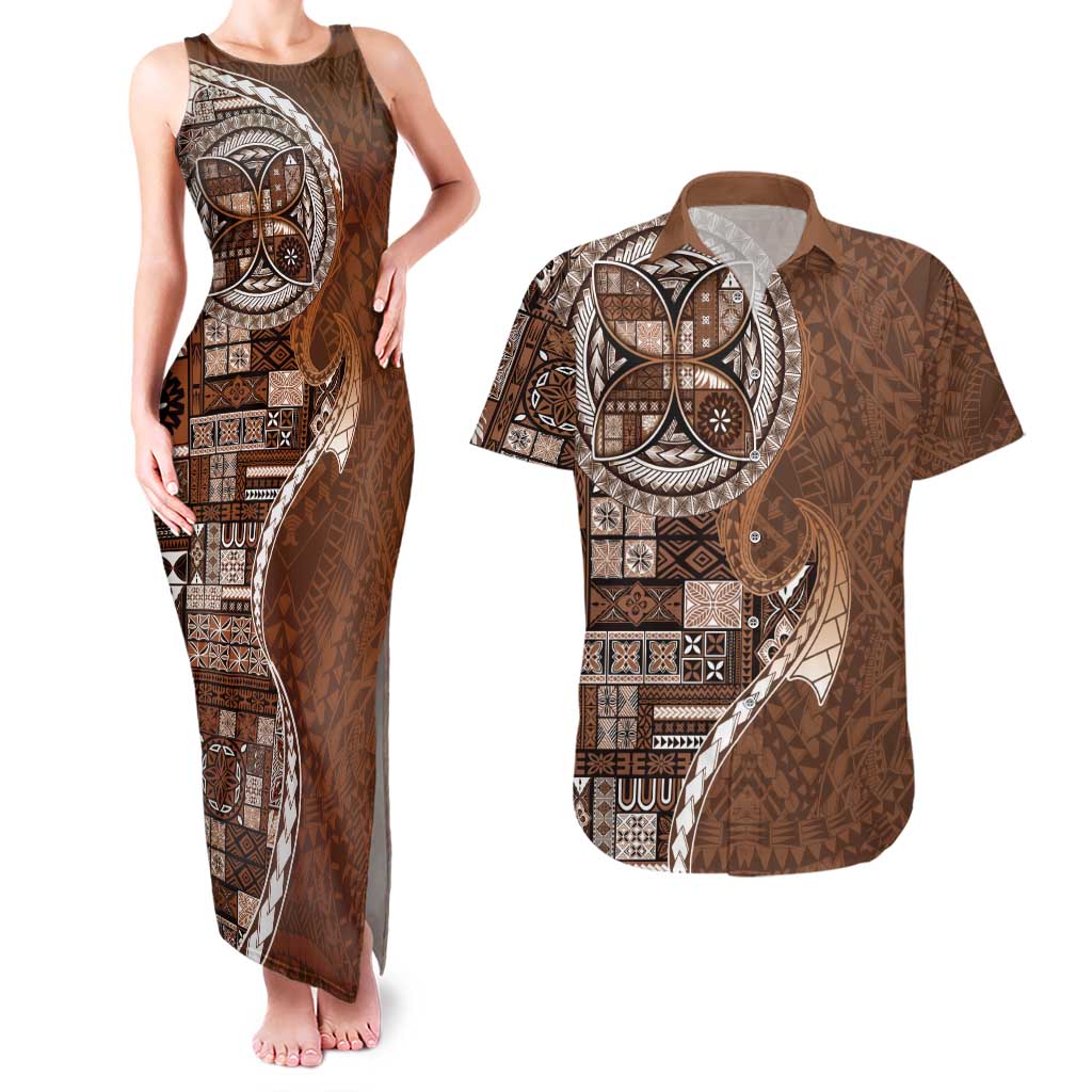 Samoan Siapo Art Tattoo Polynesian Pattern Couples Matching Tank Maxi Dress and Hawaiian Shirt Brown Color LT03 Brown - Polynesian Pride