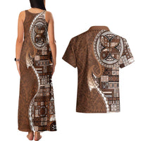 Samoan Siapo Art Tattoo Polynesian Pattern Couples Matching Tank Maxi Dress and Hawaiian Shirt Brown Color LT03 - Polynesian Pride