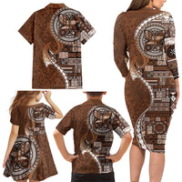 Samoan Siapo Art Tattoo Polynesian Pattern Family Matching Long Sleeve Bodycon Dress and Hawaiian Shirt Brown Color LT03 - Polynesian Pride
