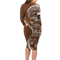 Samoan Siapo Art Tattoo Polynesian Pattern Family Matching Long Sleeve Bodycon Dress and Hawaiian Shirt Brown Color LT03 - Polynesian Pride