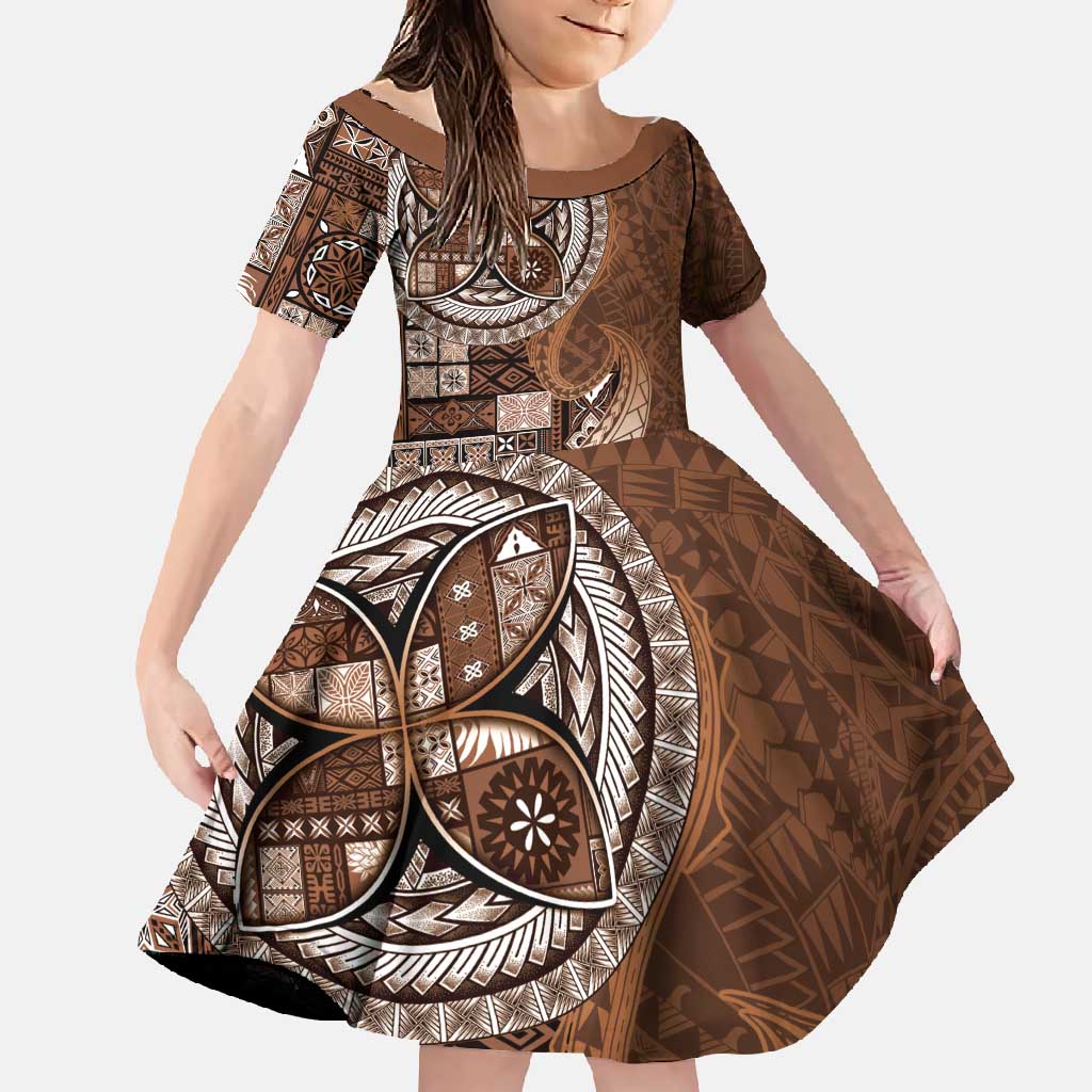 Samoan Siapo Art Tattoo Polynesian Pattern Family Matching Mermaid Dress and Hawaiian Shirt Brown Color LT03 Daughter's Dress Brown - Polynesian Pride