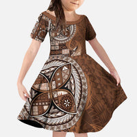Samoan Siapo Art Tattoo Polynesian Pattern Family Matching Off The Shoulder Long Sleeve Dress and Hawaiian Shirt Brown Color LT03 Daughter's Dress Brown - Polynesian Pride