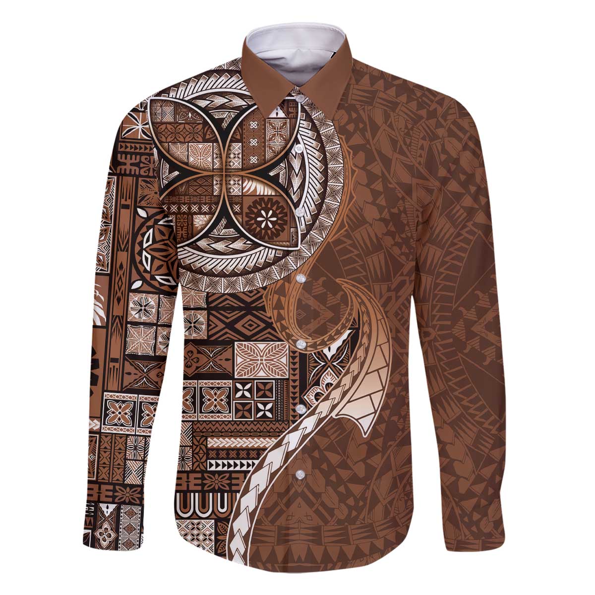 Samoan Siapo Art Tattoo Polynesian Pattern Family Matching Off The Shoulder Long Sleeve Dress and Hawaiian Shirt Brown Color LT03 Dad's Shirt - Long Sleeve Brown - Polynesian Pride
