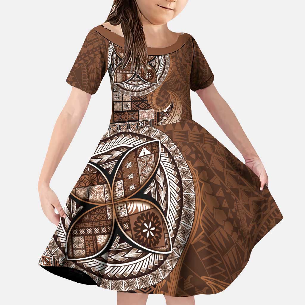 Samoan Siapo Art Tattoo Polynesian Pattern Family Matching Off Shoulder Maxi Dress and Hawaiian Shirt Brown Color LT03 Daughter's Dress Brown - Polynesian Pride