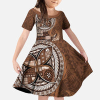 Samoan Siapo Art Tattoo Polynesian Pattern Family Matching Off Shoulder Maxi Dress and Hawaiian Shirt Brown Color LT03 Daughter's Dress Brown - Polynesian Pride