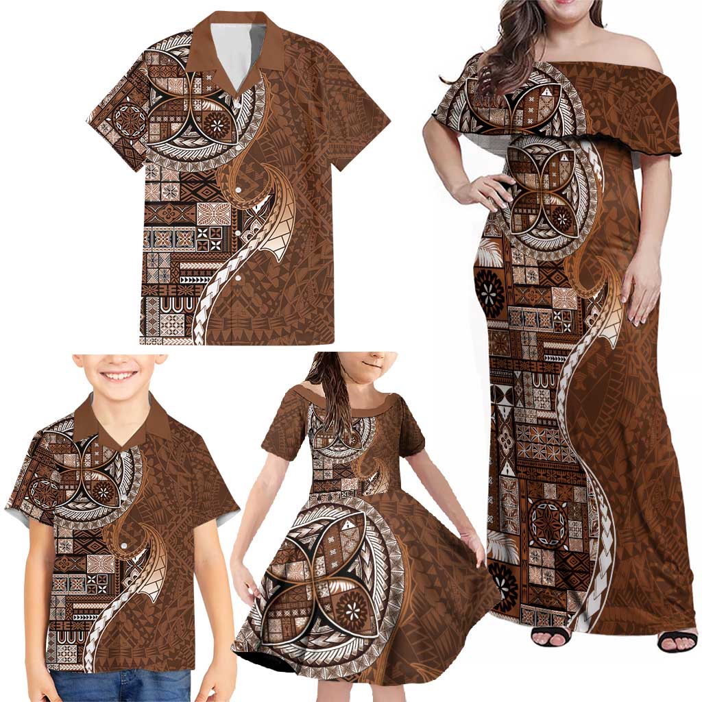 Samoan Siapo Art Tattoo Polynesian Pattern Family Matching Off Shoulder Maxi Dress and Hawaiian Shirt Brown Color LT03 - Polynesian Pride