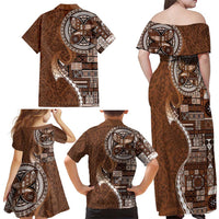 Samoan Siapo Art Tattoo Polynesian Pattern Family Matching Off Shoulder Maxi Dress and Hawaiian Shirt Brown Color LT03 - Polynesian Pride