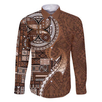 Samoan Siapo Art Tattoo Polynesian Pattern Family Matching Off Shoulder Maxi Dress and Hawaiian Shirt Brown Color LT03 Dad's Shirt - Long Sleeve Brown - Polynesian Pride