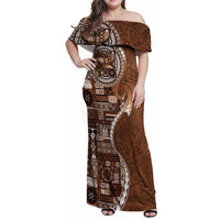 Samoan Siapo Art Tattoo Polynesian Pattern Family Matching Off Shoulder Maxi Dress and Hawaiian Shirt Brown Color LT03 Mom's Dress Brown - Polynesian Pride