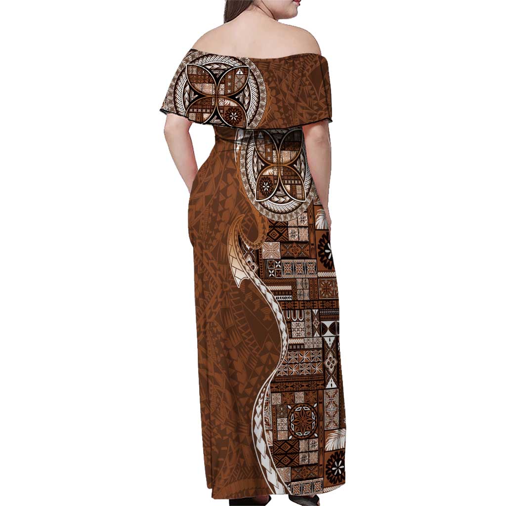 Samoan Siapo Art Tattoo Polynesian Pattern Family Matching Off Shoulder Maxi Dress and Hawaiian Shirt Brown Color LT03 - Polynesian Pride