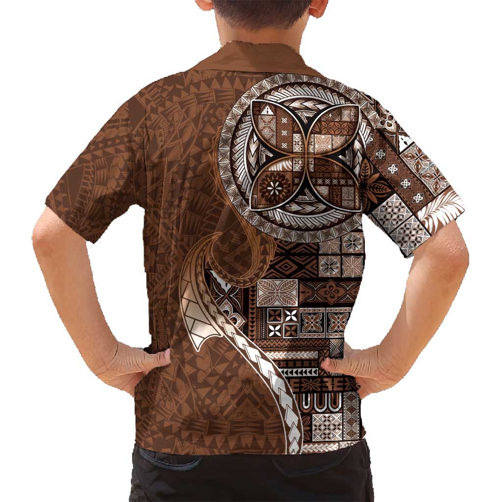 Samoan Siapo Art Tattoo Polynesian Pattern Family Matching Off Shoulder Short Dress and Hawaiian Shirt Brown Color LT03 - Polynesian Pride