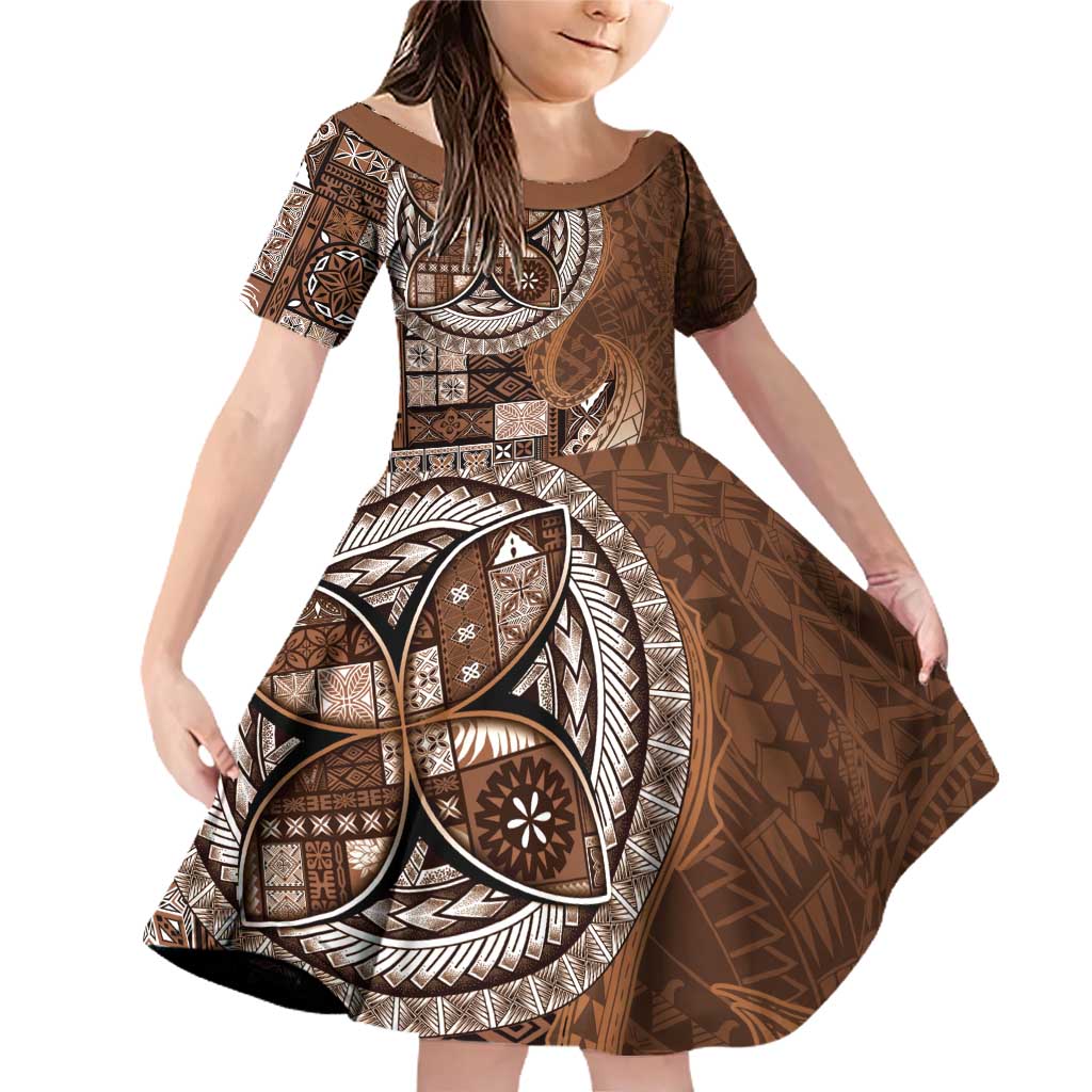 Samoan Siapo Art Tattoo Polynesian Pattern Family Matching Off Shoulder Short Dress and Hawaiian Shirt Brown Color LT03 Daughter's Dress Brown - Polynesian Pride