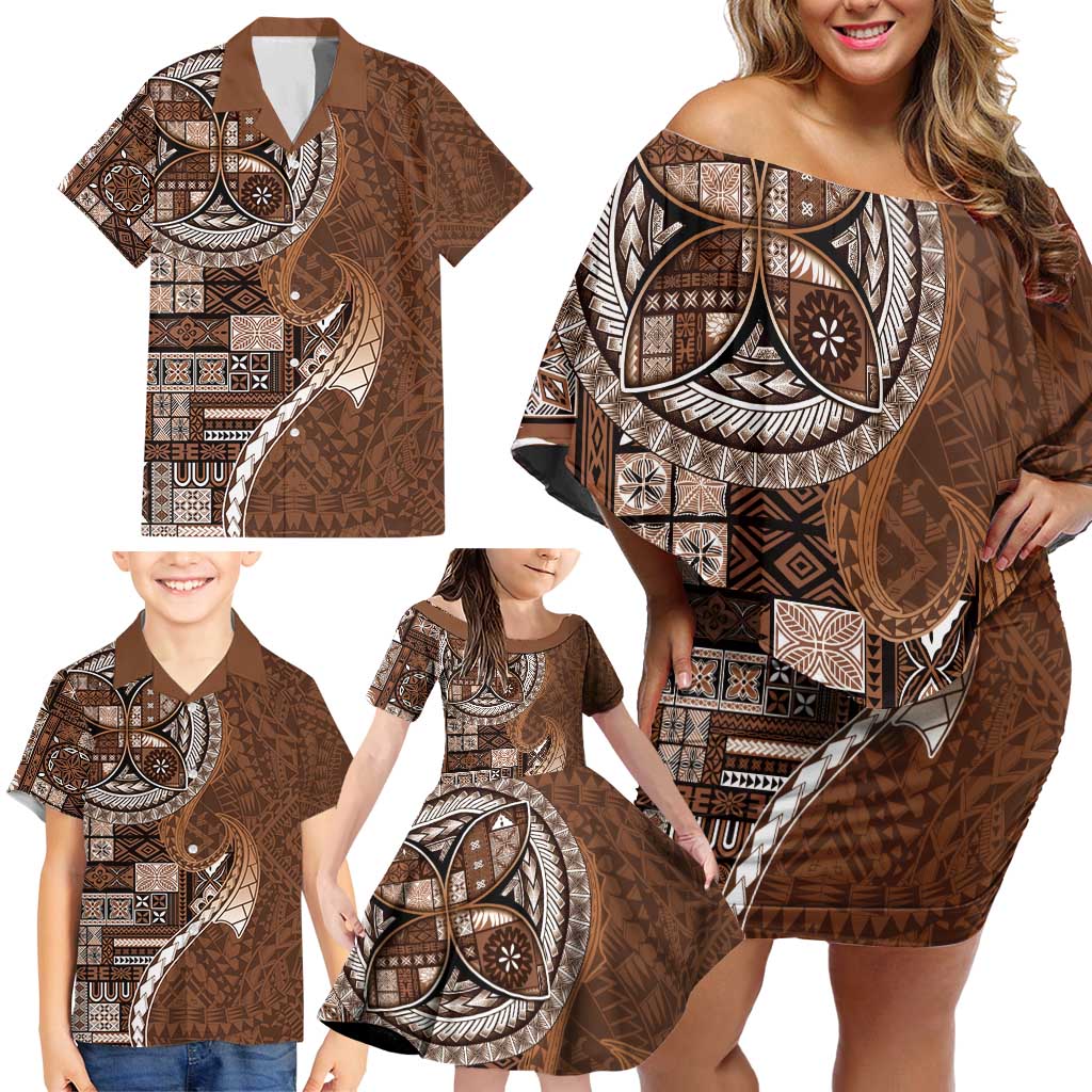 Samoan Siapo Art Tattoo Polynesian Pattern Family Matching Off Shoulder Short Dress and Hawaiian Shirt Brown Color LT03 - Polynesian Pride