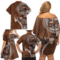 Samoan Siapo Art Tattoo Polynesian Pattern Family Matching Off Shoulder Short Dress and Hawaiian Shirt Brown Color LT03 - Polynesian Pride