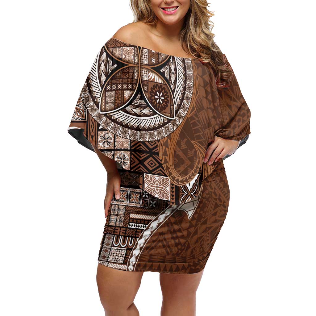 Samoan Siapo Art Tattoo Polynesian Pattern Family Matching Off Shoulder Short Dress and Hawaiian Shirt Brown Color LT03 Mom's Dress Brown - Polynesian Pride