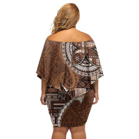 Samoan Siapo Art Tattoo Polynesian Pattern Family Matching Off Shoulder Short Dress and Hawaiian Shirt Brown Color LT03 - Polynesian Pride