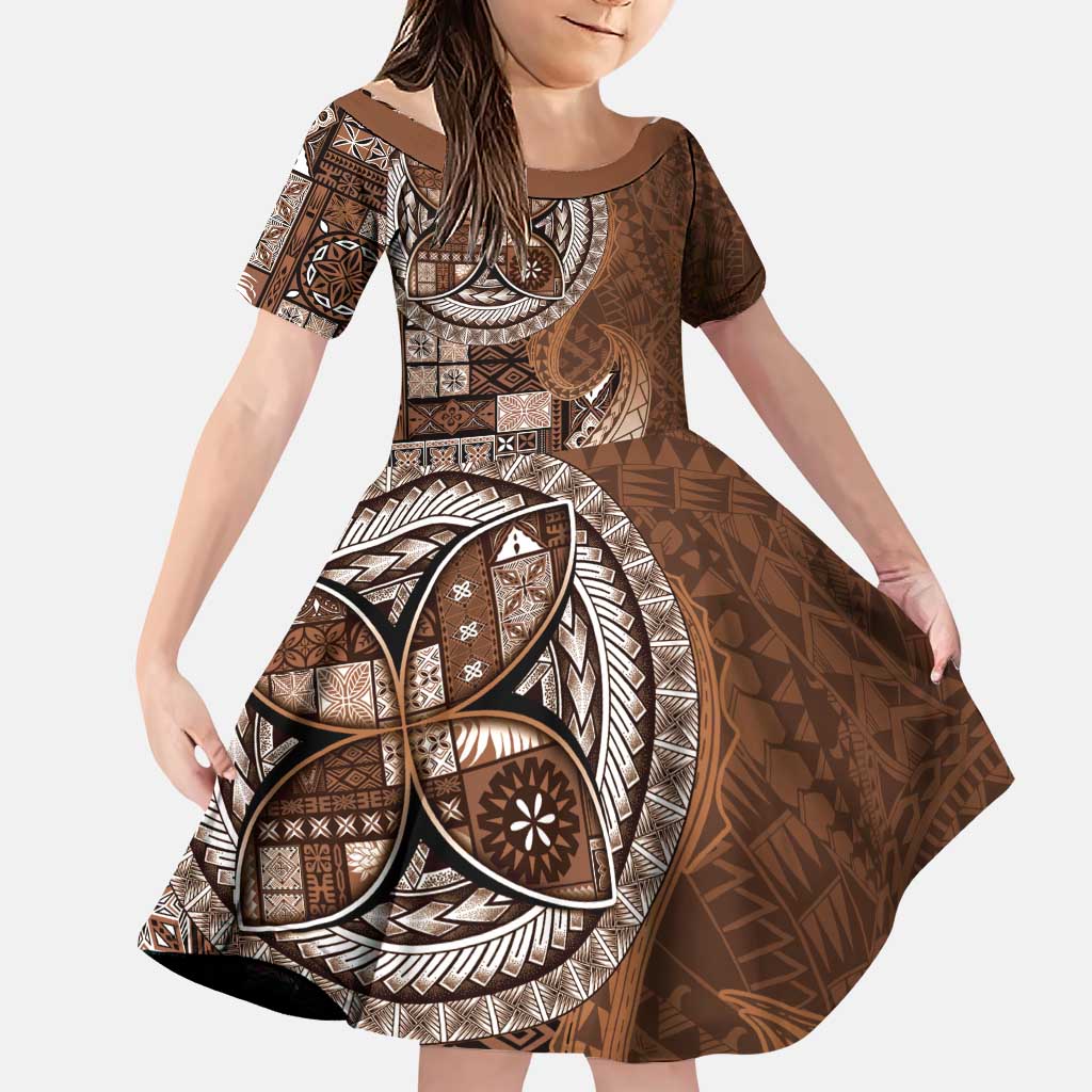 Samoan Siapo Art Tattoo Polynesian Pattern Family Matching Puletasi and Hawaiian Shirt Brown Color LT03 Daughter's Dress Brown - Polynesian Pride
