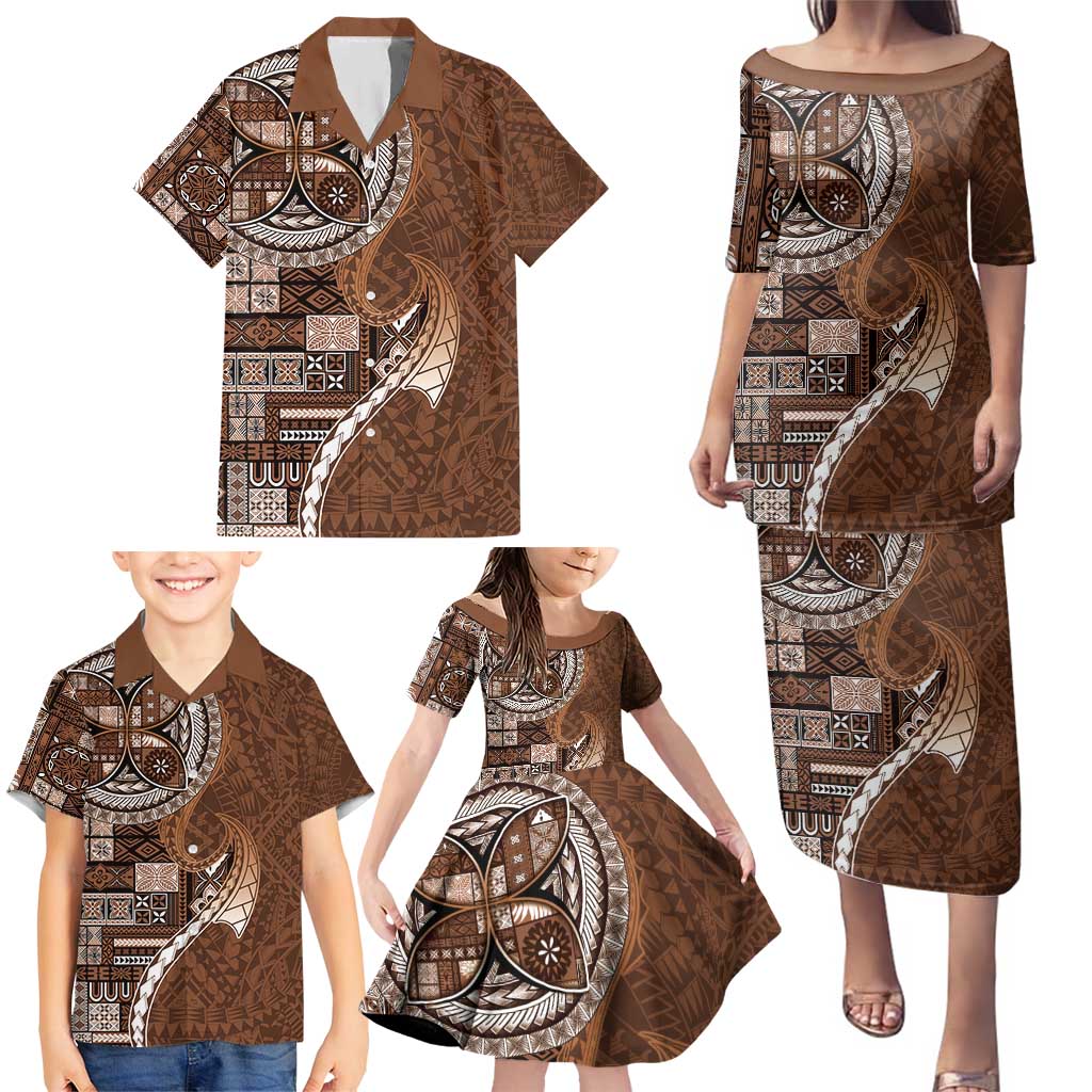 Samoan Siapo Art Tattoo Polynesian Pattern Family Matching Puletasi and Hawaiian Shirt Brown Color LT03 - Polynesian Pride