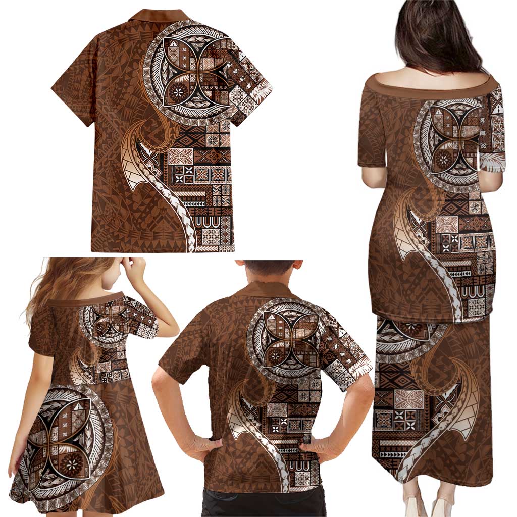 Samoan Siapo Art Tattoo Polynesian Pattern Family Matching Puletasi and Hawaiian Shirt Brown Color LT03 - Polynesian Pride