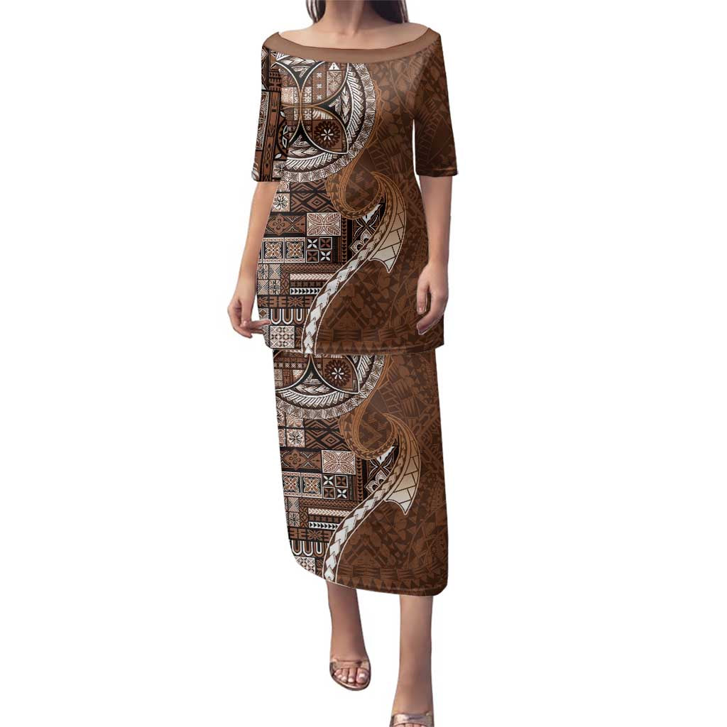 Samoan Siapo Art Tattoo Polynesian Pattern Family Matching Puletasi and Hawaiian Shirt Brown Color LT03 Mom's Dress Brown - Polynesian Pride