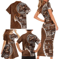 Samoan Siapo Art Tattoo Polynesian Pattern Family Matching Short Sleeve Bodycon Dress and Hawaiian Shirt Brown Color LT03 - Polynesian Pride