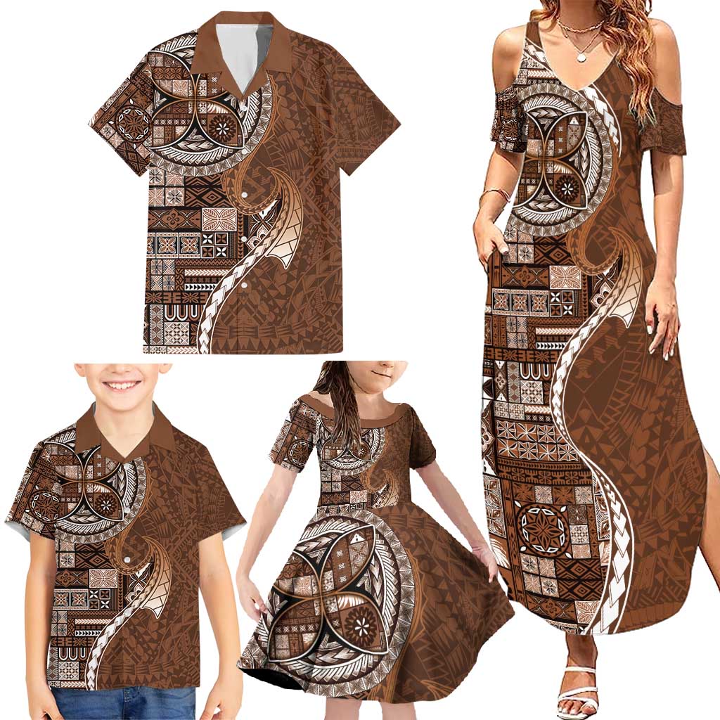 Samoan Siapo Art Tattoo Polynesian Pattern Family Matching Summer Maxi Dress and Hawaiian Shirt Brown Color LT03 - Polynesian Pride