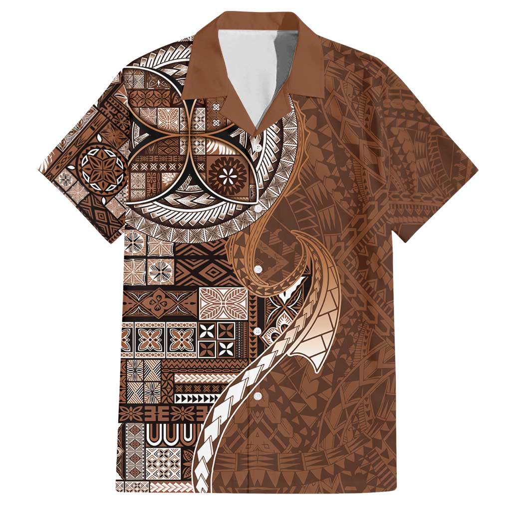 Samoan Siapo Art Tattoo Polynesian Pattern Family Matching Summer Maxi Dress and Hawaiian Shirt Brown Color LT03 Dad's Shirt - Short Sleeve Brown - Polynesian Pride